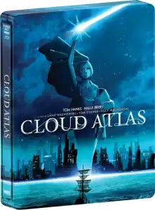 Cloud Atlas 3-disc set cover featuring a stylized blue-toned Statue of Liberty, city skyline, and a sailing ship on water under a star-filled sky.