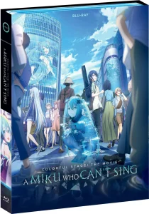 Blu-ray cover for "Colorful Stage! The Movie: A Miku Who Can't Sing," featuring anime characters and a holographic blue-haired girl in a cityscape.