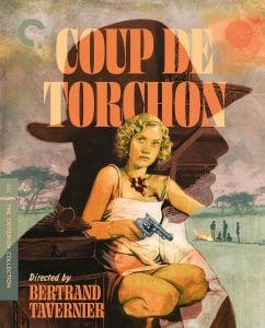 A woman in a white dress holds a revolver and sits in front of a large shadowy figure; text reads "Coup de Torchon, Directed by Bertrand Tavernier.