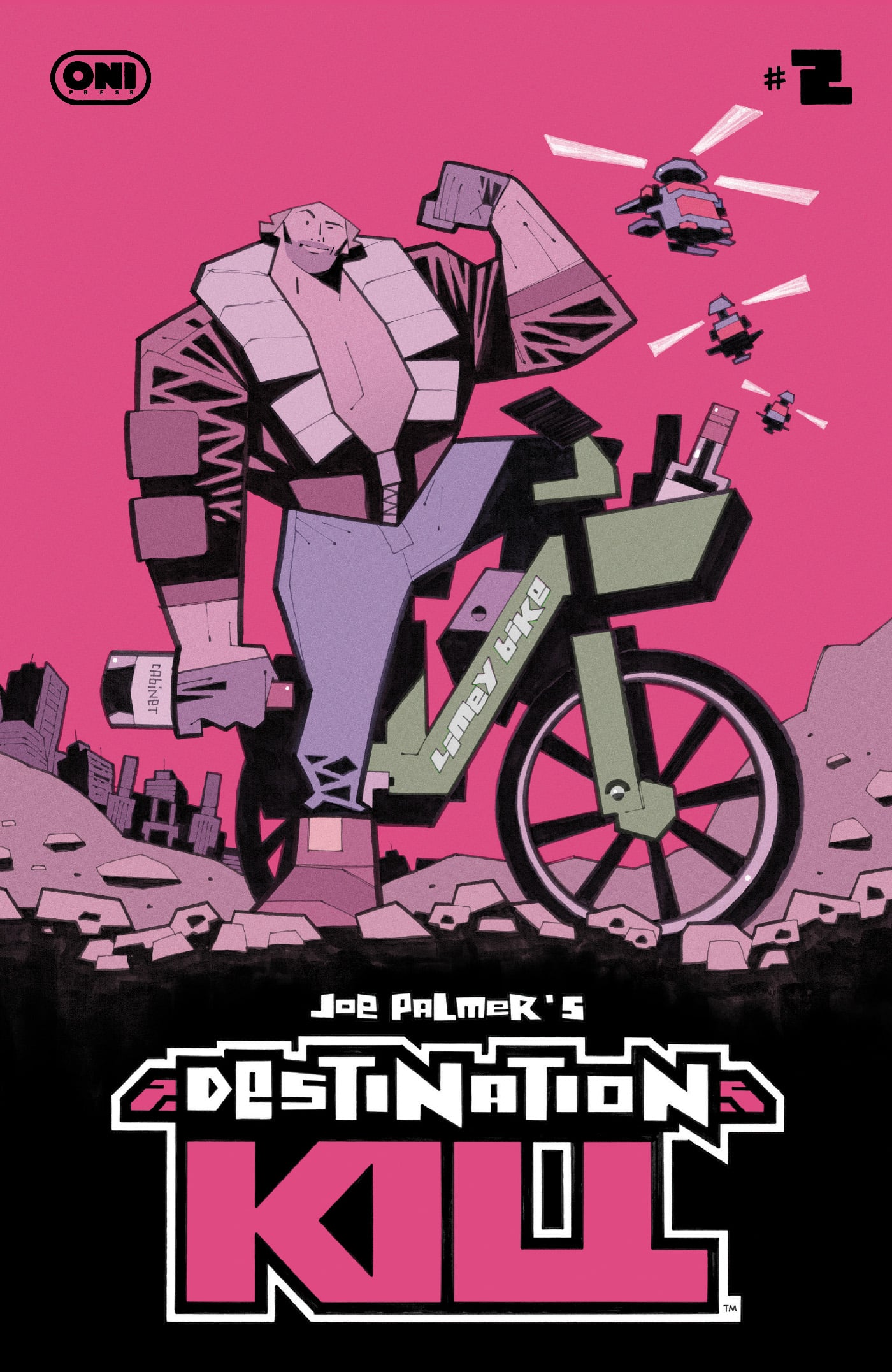 A muscular character stands next to a green bicycle labeled "Candy Bike" in a pink cityscape, with two flying drones overhead; comic title "Destination KUL #2" is displayed below.