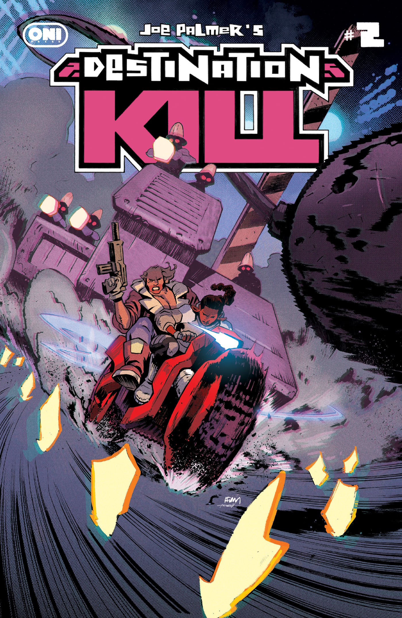 Comic book cover shows two characters riding a red vehicle at high speed, chased by large mechanical tanks, with debris and glowing fragments in the foreground. Title reads "Destination KAI #2.