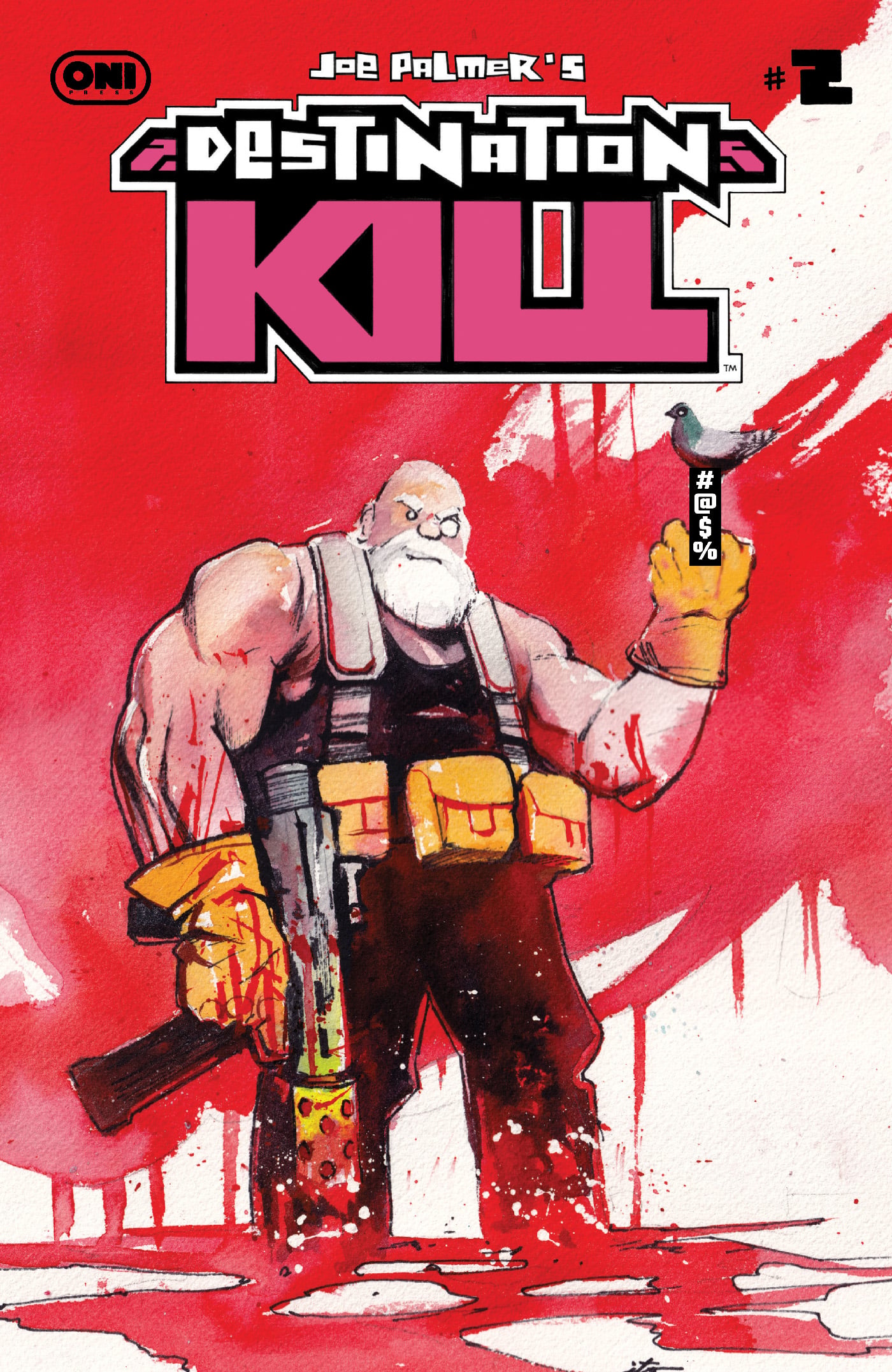 A muscular, bearded man stands on a blood-splattered floor holding a large gun and a can, with the comic title “Destination KUL” above him.