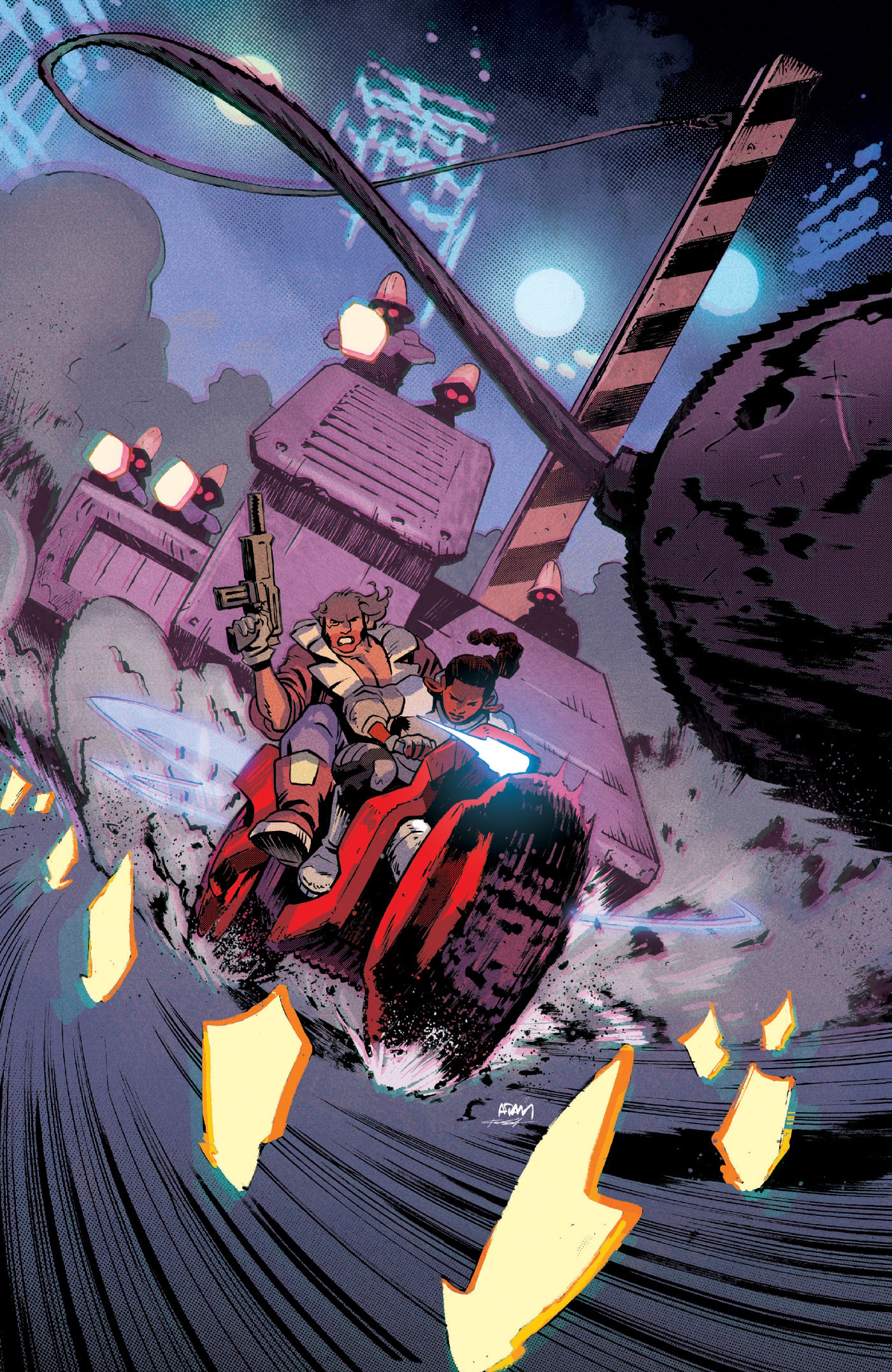 Two armed characters ride a red ATV at high speed on a winding track, pursued by large vehicles and dodging falling debris and yellow obstacles under a futuristic sky.