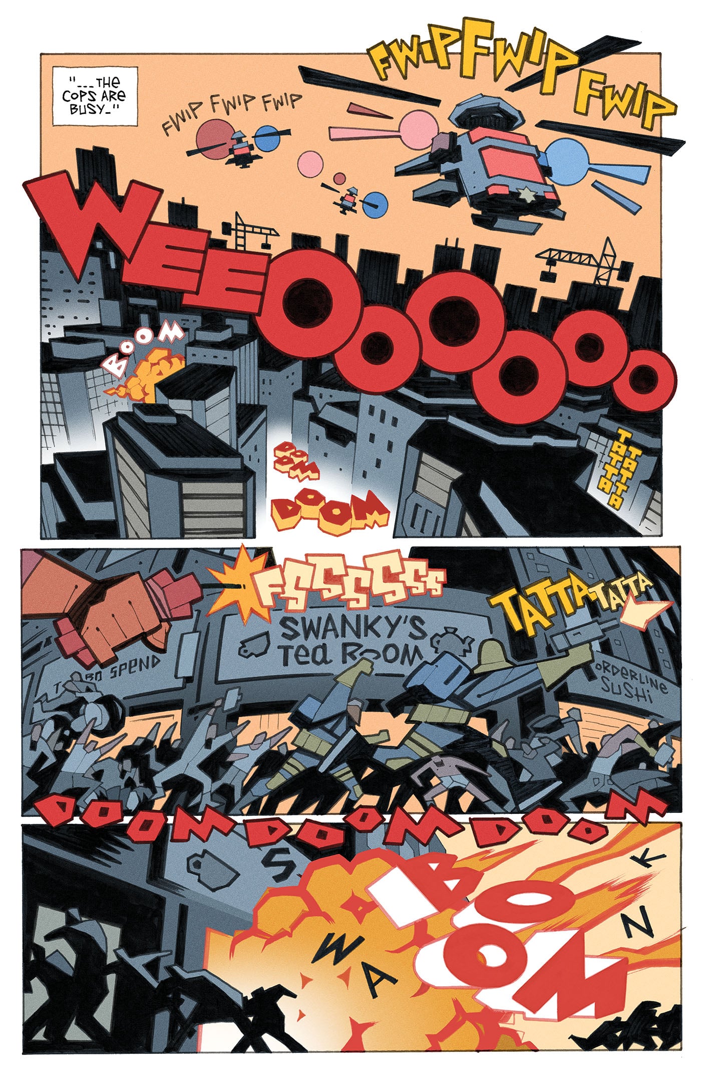 A city scene with police helicopters flying overhead, sirens blaring, and chaos on the streets as people run and words like "WEEOOO" and "DOOM" fill the panels.