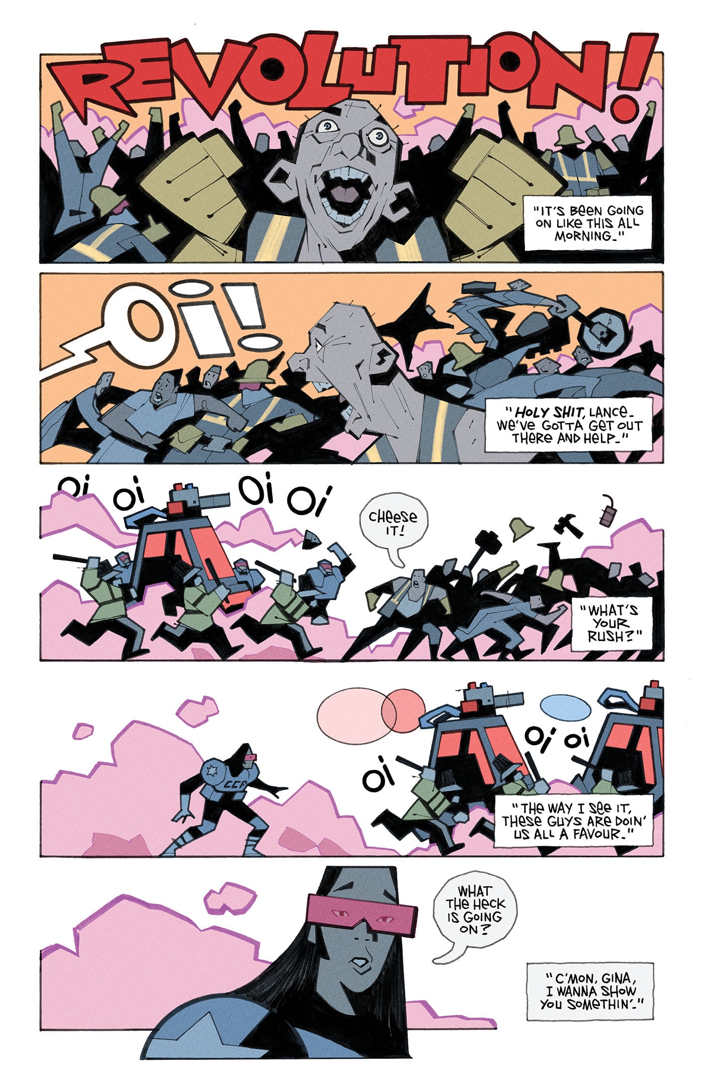 A comic page shows a chaotic revolt with shouting crowds, fighting figures, and a confused woman in red glasses observing the scene, asking what is happening.