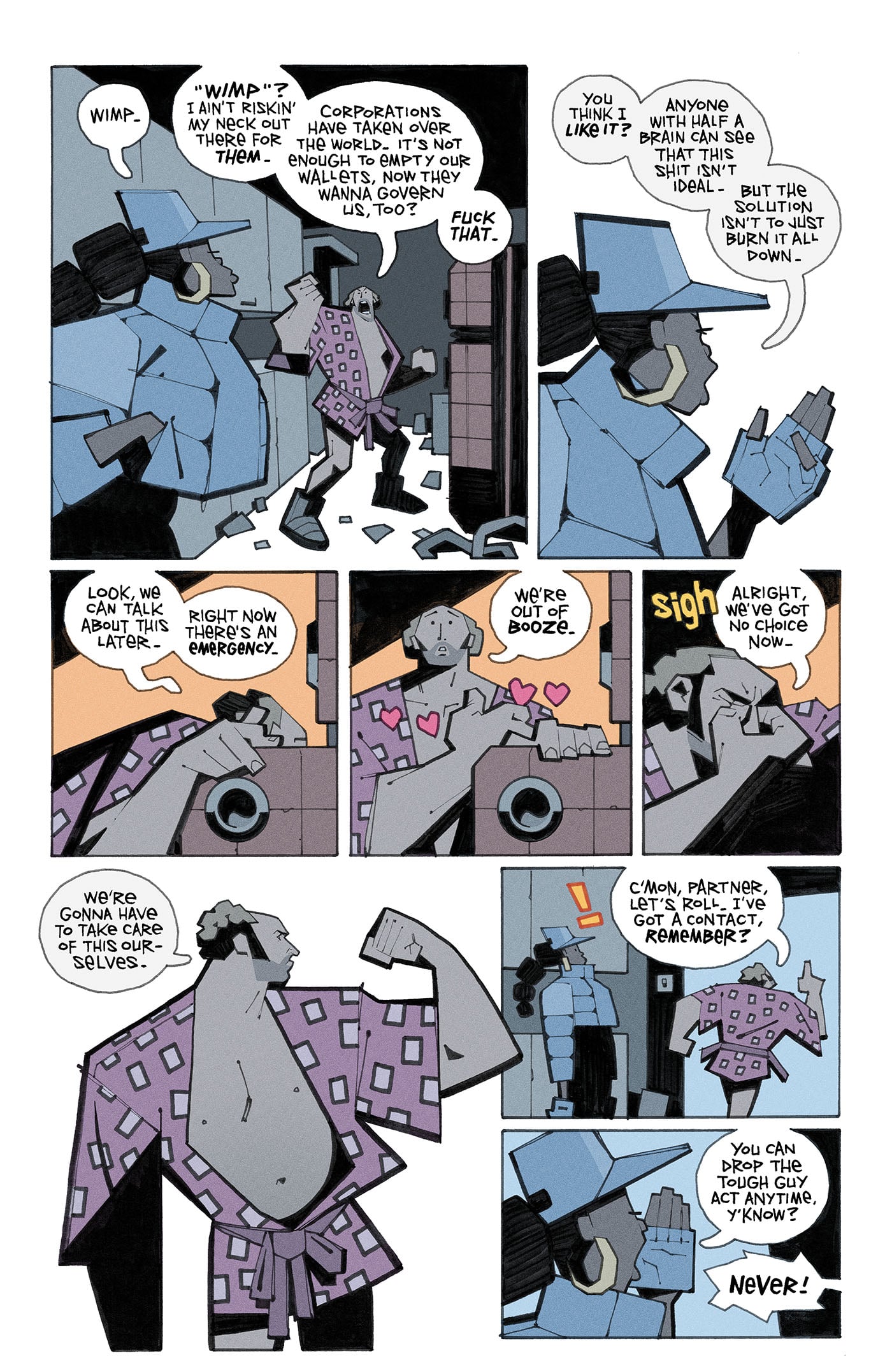 A comic page shows two characters, one in a trench coat and fedora, and another in a purple robe, having a tense conversation about responsibility and needing booze.