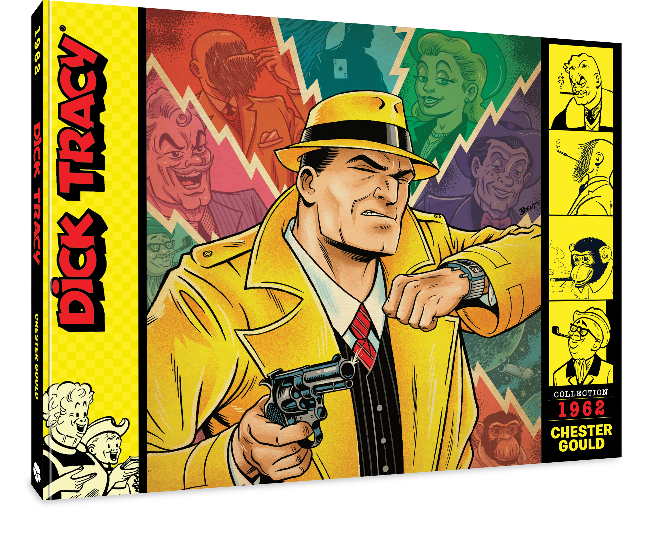 A comic-style illustration of a man in a yellow trench coat and hat holding a revolver, with colorful portraits of various characters in the background and comic book branding on the sides.