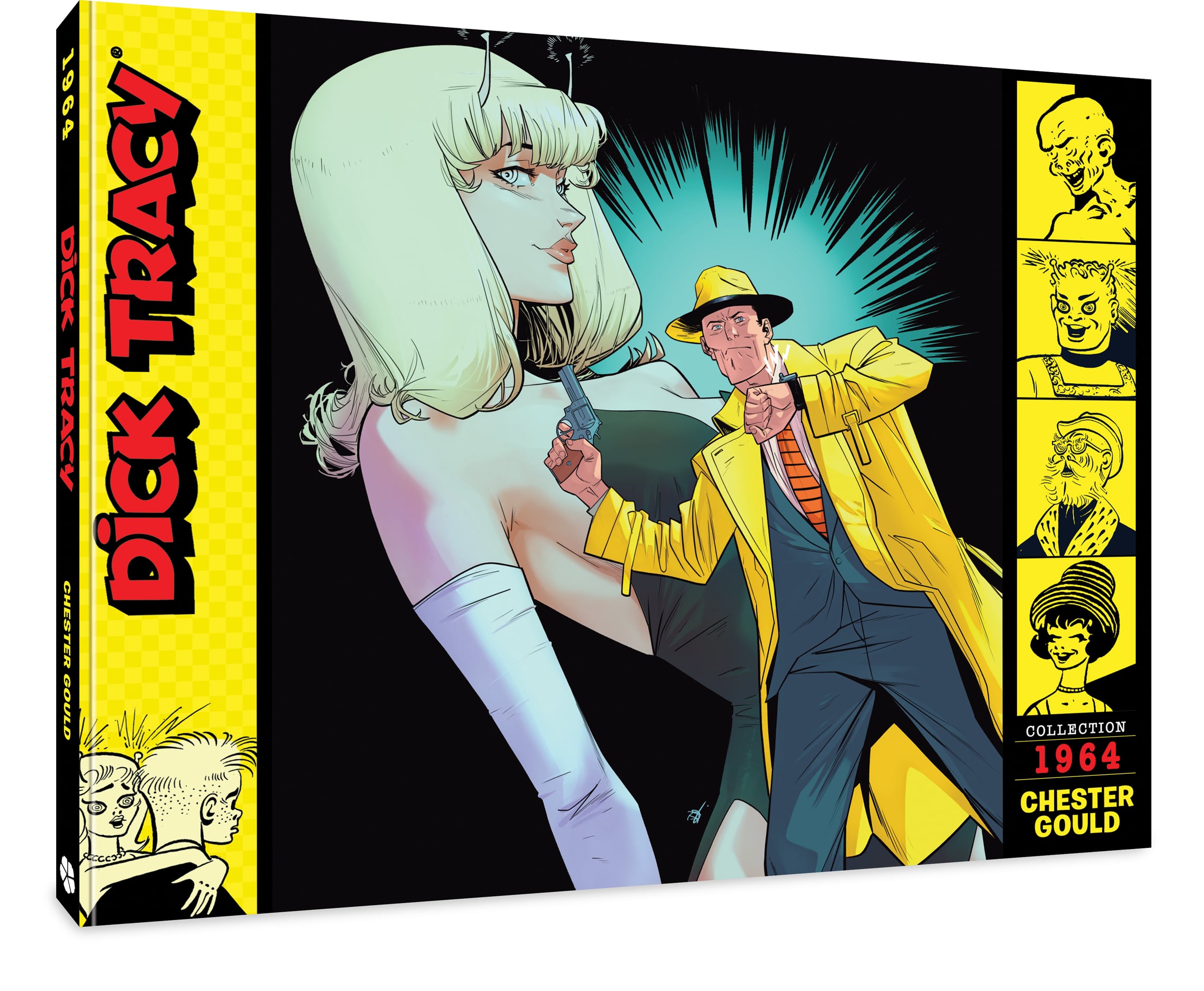 Comic book cover featuring Dick Tracy in a yellow coat and fedora aiming a gun, with a blonde woman in a black dress and various character portraits along the right side.