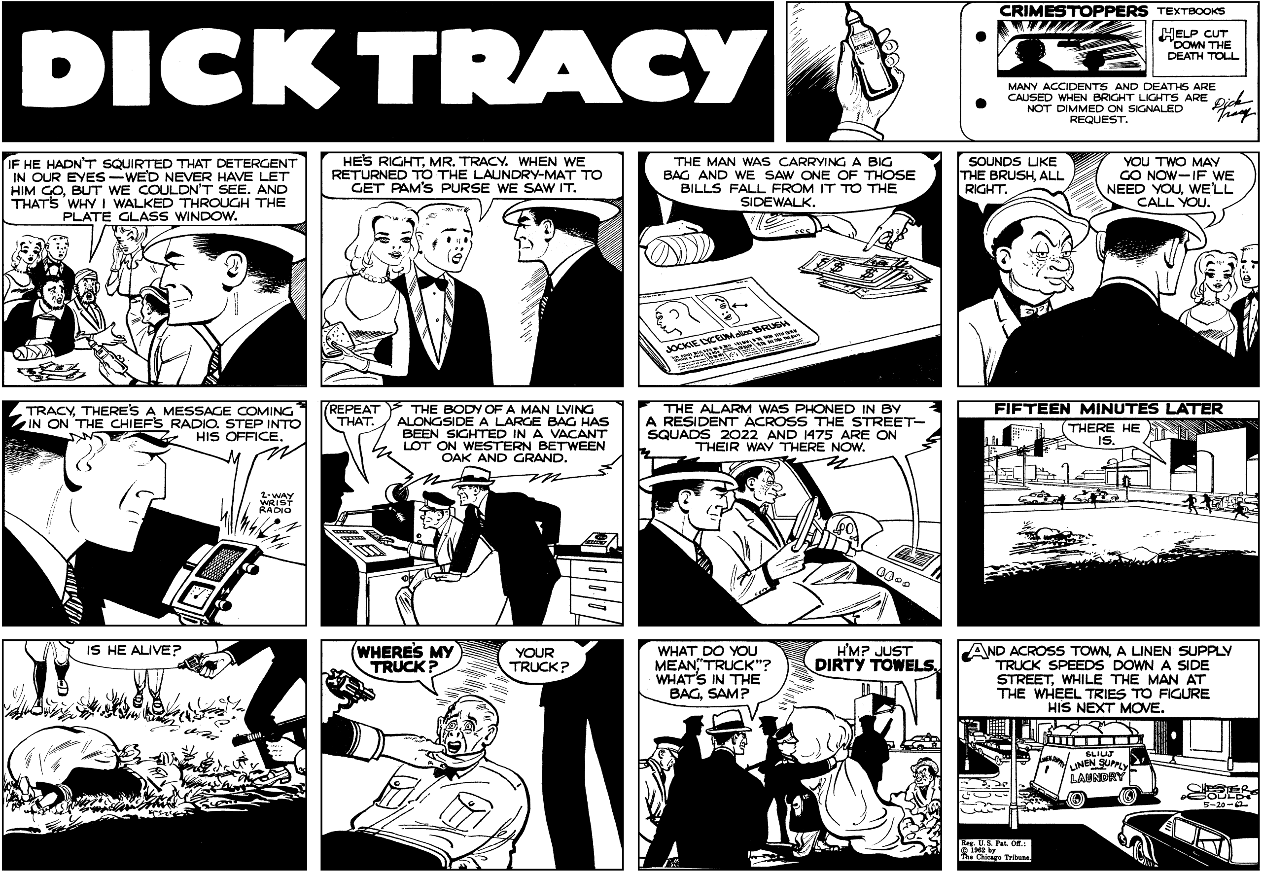 A black-and-white Dick Tracy comic strip featuring a crime investigation with Tracy, a body found in a truck, and clues involving a bag of towels and a phone call.
