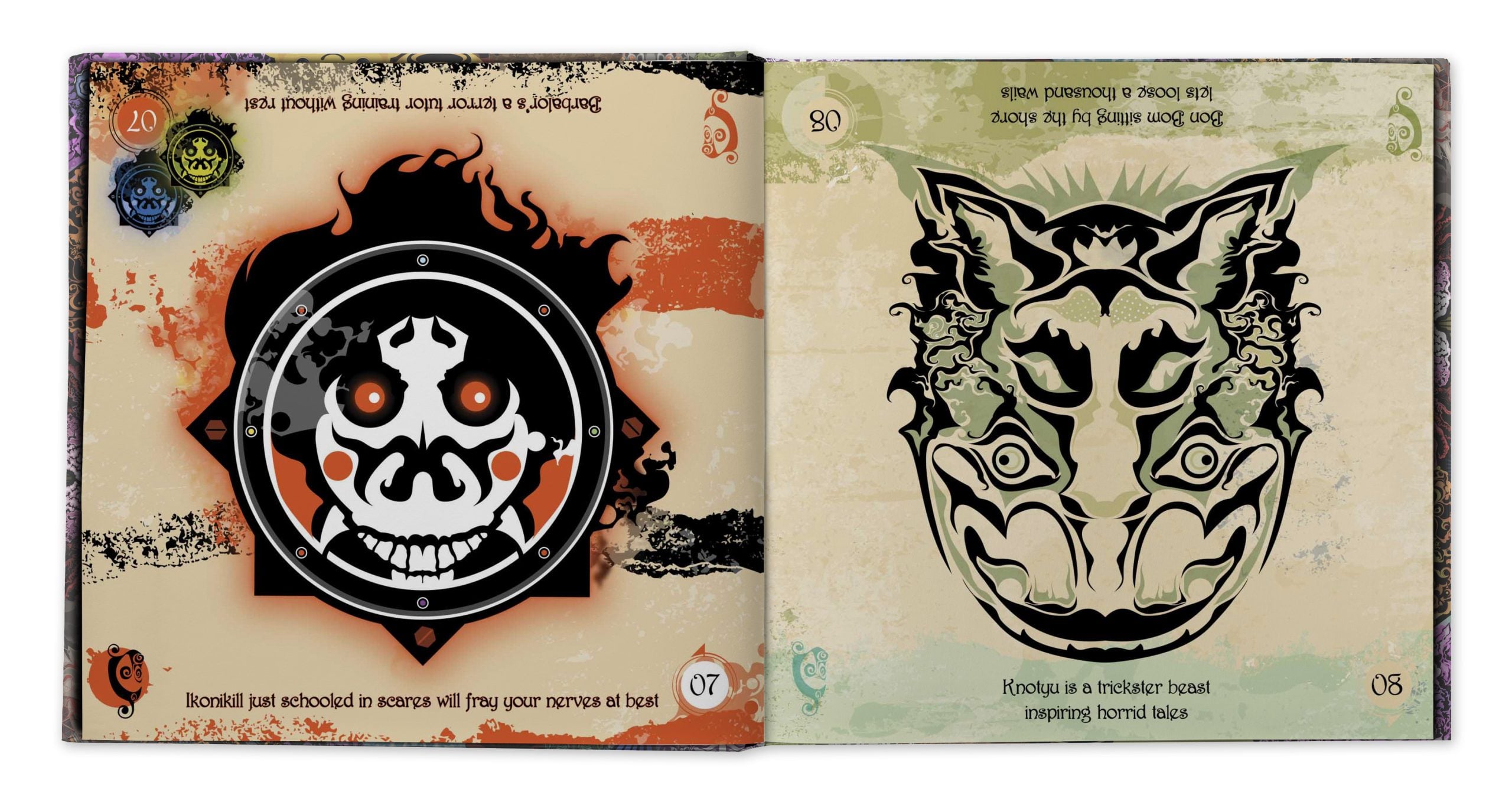 An illustrated book spread featuring a fiery skull mask on the left and a stylized, symmetrical fox face on the right, each page labeled with numbers and text.