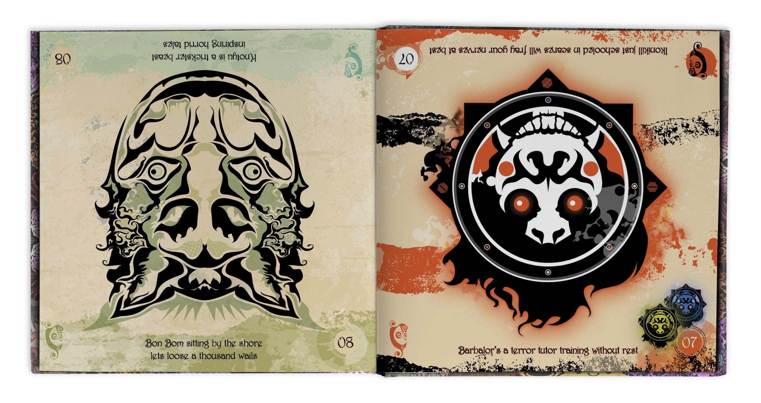 An open illustrated book showing two pages: the left features a symmetrical, abstract face above text; the right displays a circular emblem with a stylized animal face and decorative elements.