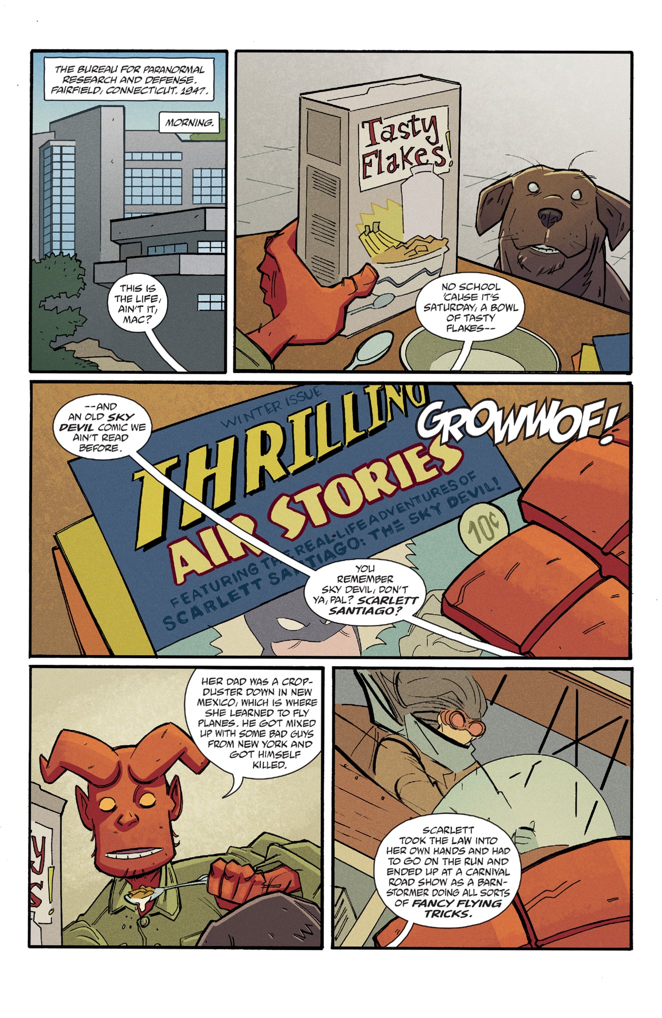 Comic page showing a red-skinned character with horns talking to a brown dog in a kitchen, holding a cereal box, with comic books and dialogue about cereal and "Santa Claus.