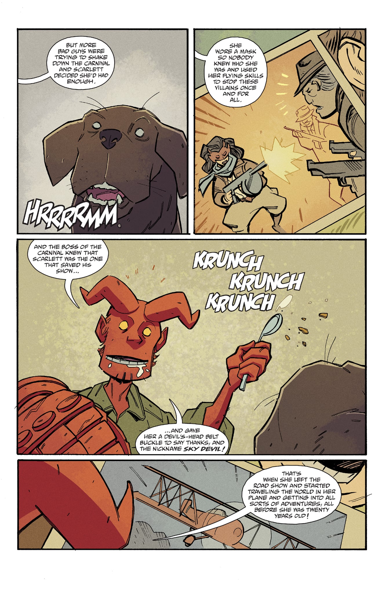 A large dog growls; a masked woman with a gun fights guards; a red demon eats celery and narrates; comic book panel layout.