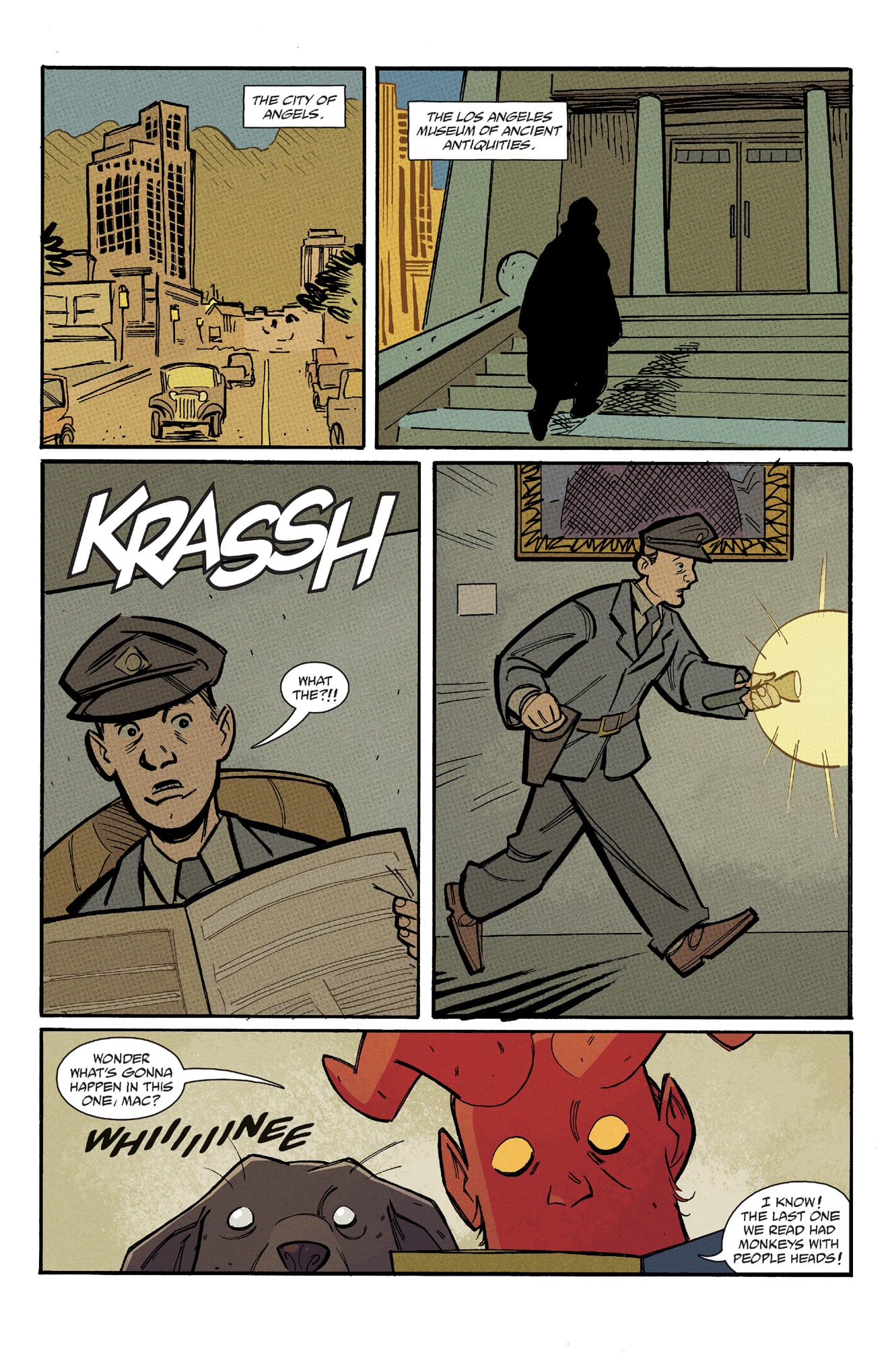 A comic page shows a cityscape, a person entering a building, a uniformed man reacting to a crash, and a red-faced demon figure appearing with a bright light.