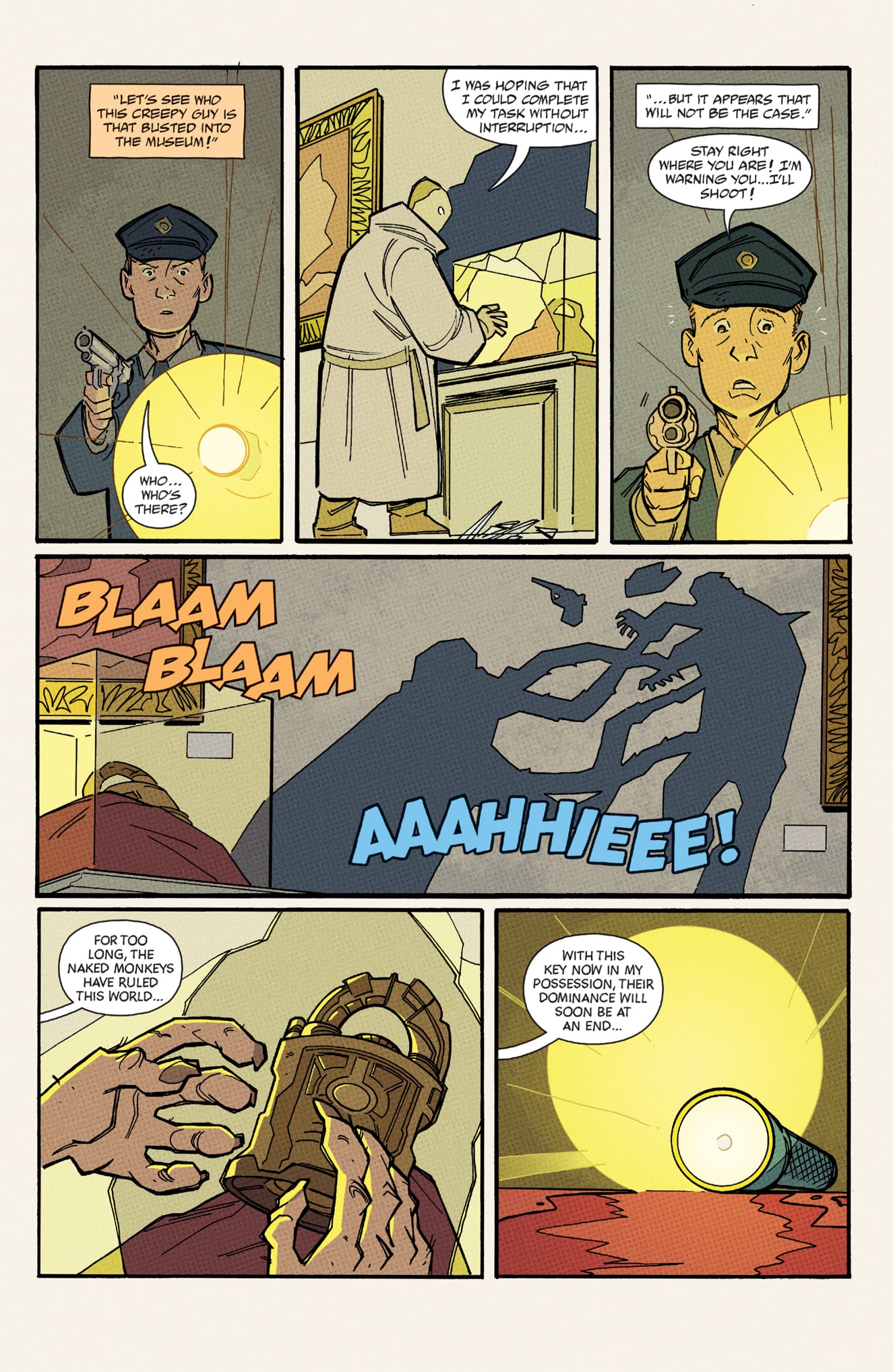 A police officer shines a flashlight and confronts a man in a robe, who then shoots at him. The officer screams, and a mask is revealed in the flashlight beam.