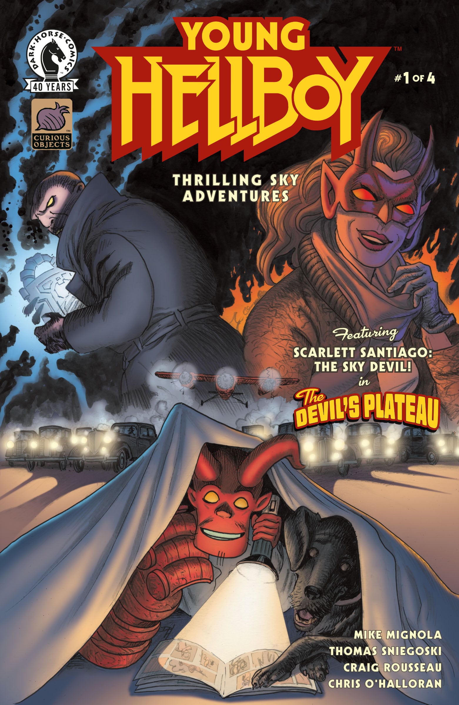 Comic book cover titled "Young Hellboy: Thrilling Sky Adventures" features Hellboy reading under a blanket and a masked figure sneaking near police cars at night.