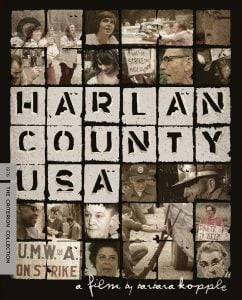 Collage of black-and-white and color photos showing protests, miners, and signs, with the text "Harlan County USA" and "a film by Barbara Kopple" on the cover.