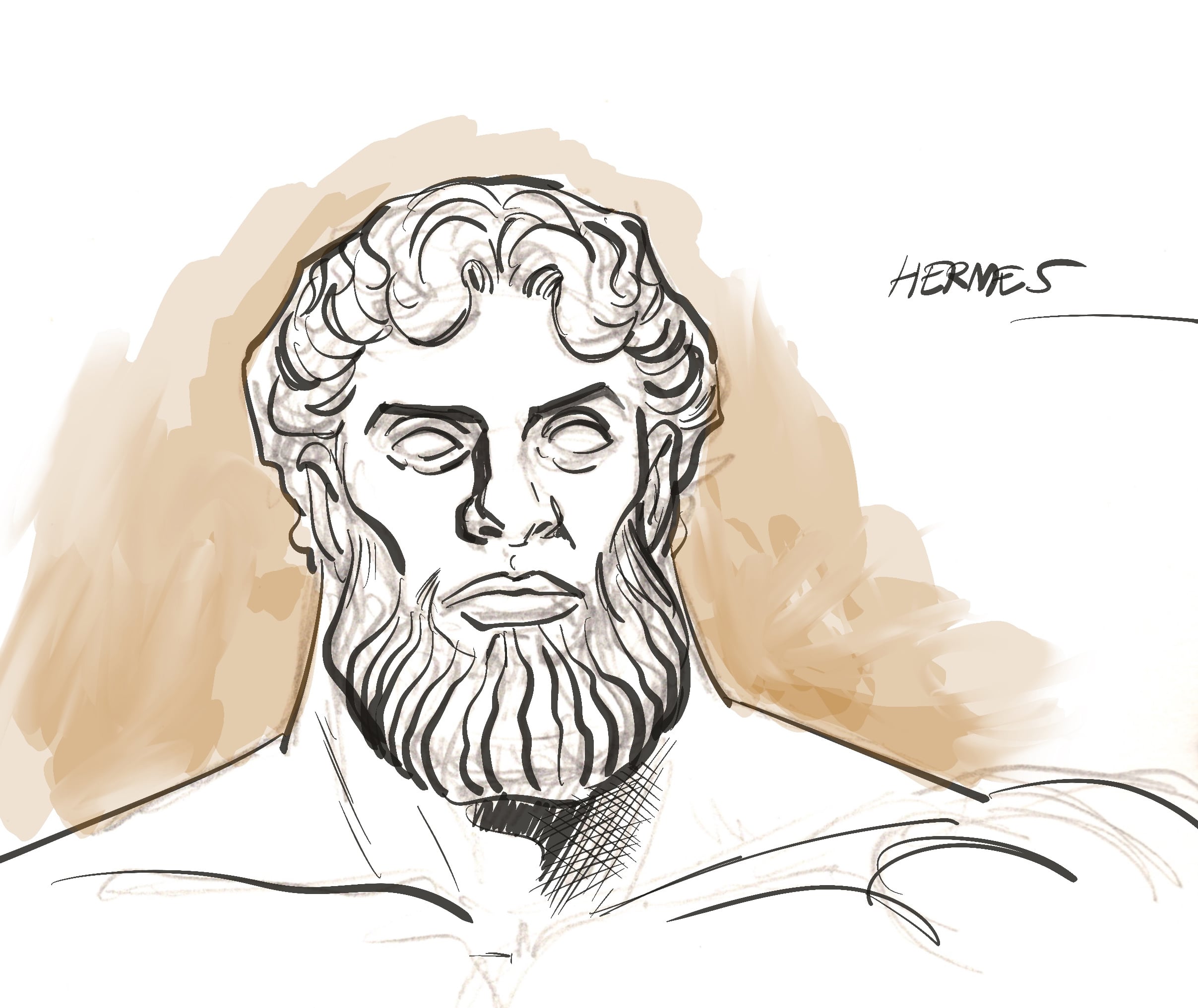 A sketch of a bearded male bust with curly hair, blank eyes, and the word "Hermes" written beside the portrait on a neutral background.