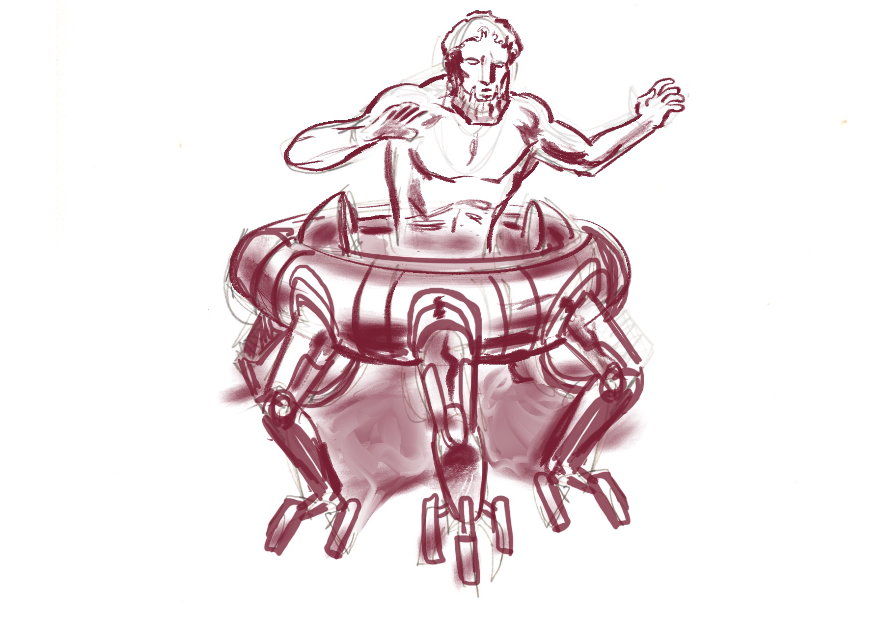 Sketch of a centaur-like figure with a human upper body emerging from a robotic, four-legged base.