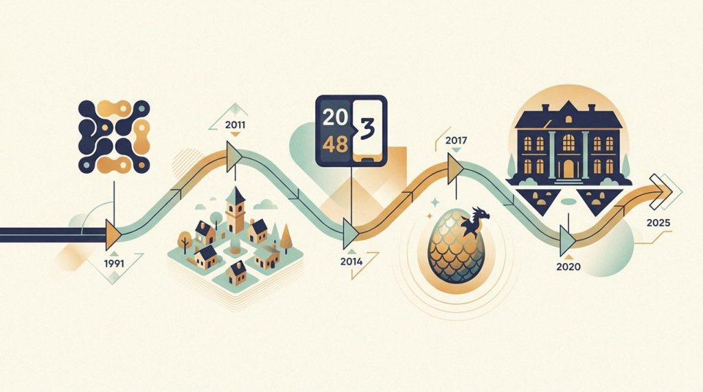 A timeline graphic with icons showing milestones in 1991, 2011, 2014, 2017, 2020, and 2025, including abstract symbols, buildings, a calendar, an egg, and a large house.