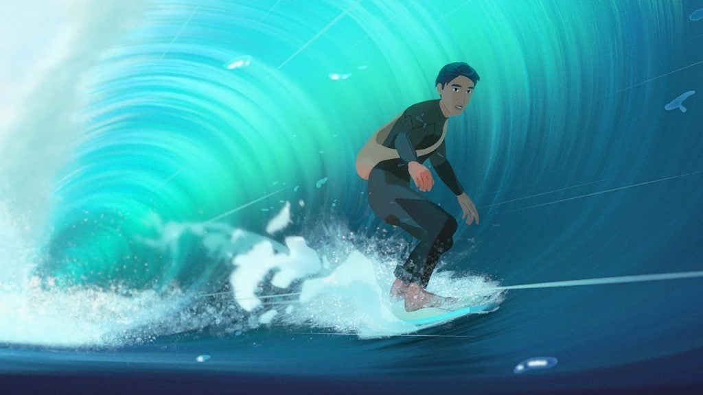 Animated surfer rides a large turquoise wave inside the tube, splashing water, with a focused expression on their face.