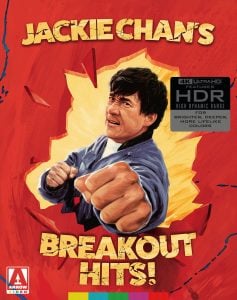 Illustrated cover showing Jackie Chan in a martial arts pose with the text "Jackie Chan's Breakout Hits!" and a 4K Ultra HD HDR label.