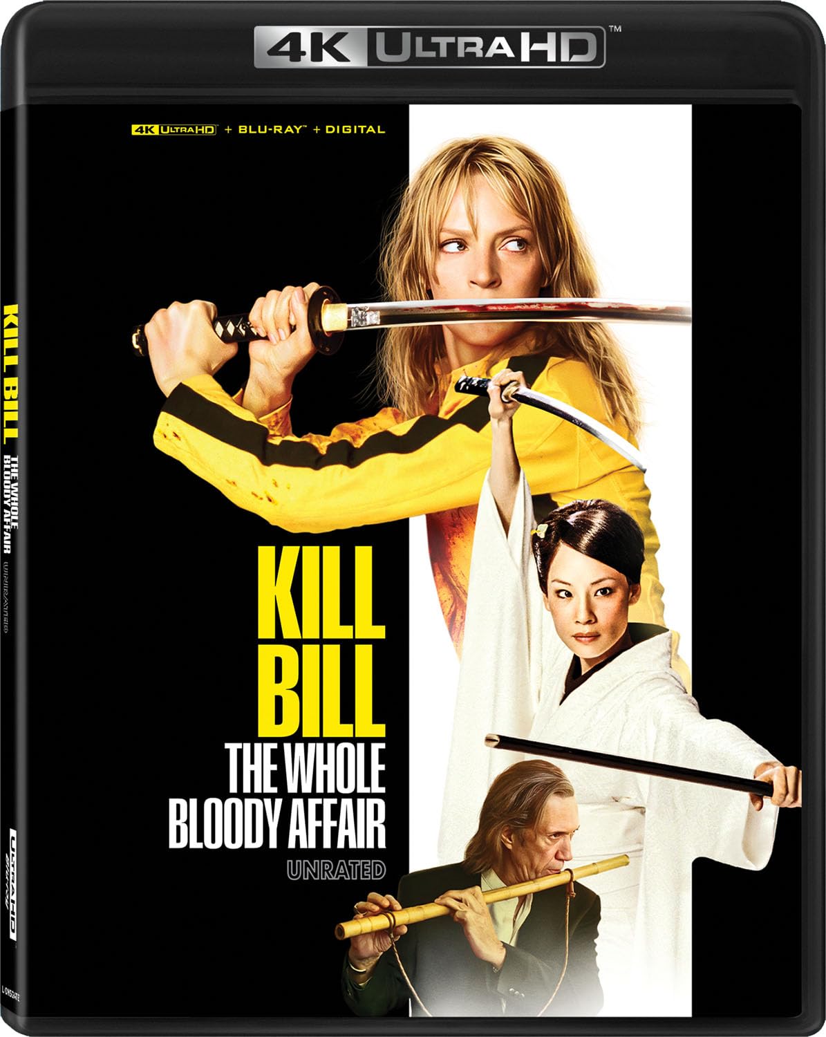 4K Ultra HD cover for "Kill Bill: The Whole Bloody Affair" showing three characters holding swords against a yellow and white background.