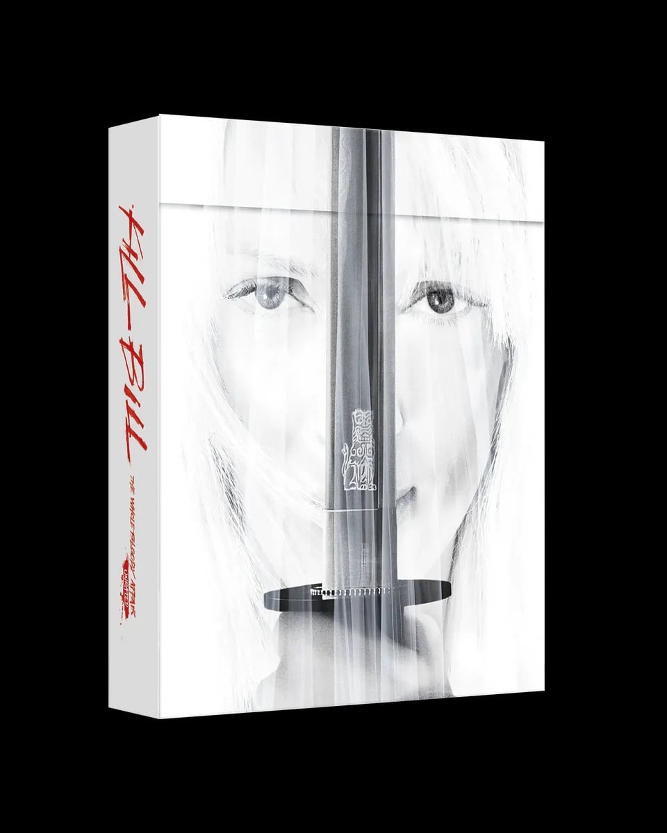 A white box set features a woman's face in black and white, partially obscured by a katana. "Kill Bill" is written in red on the side.
