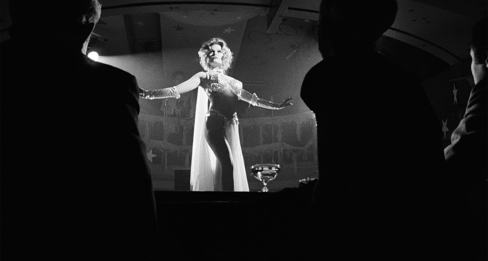 A performer in a sparkling gown and gloves sings on stage under spotlights, with silhouetted audience members watching from the foreground.