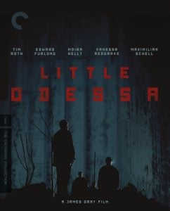 Silhouetted figures stand against a dark, forested backdrop with the title "Little Odessa" and actor names displayed above. Criterion Collection label is on the left side.