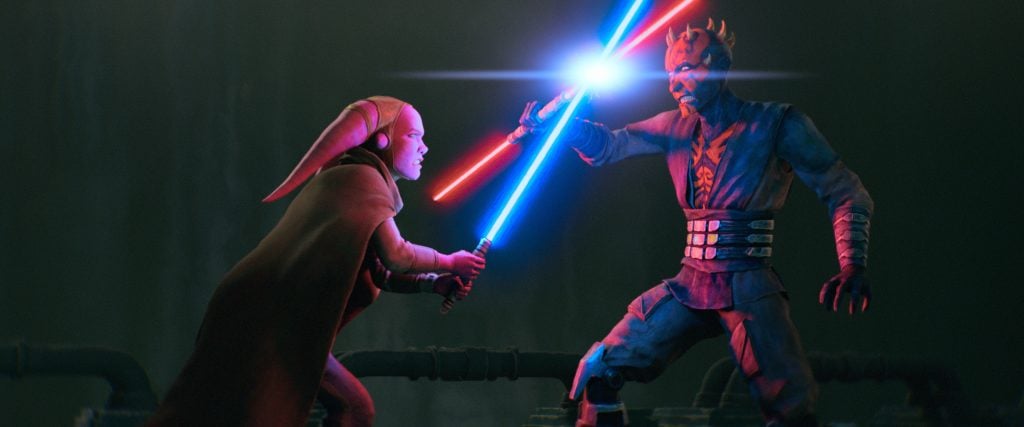 Two animated characters duel with blue and red lightsabers in a dark setting, with energy from the sabers clashing at the center.