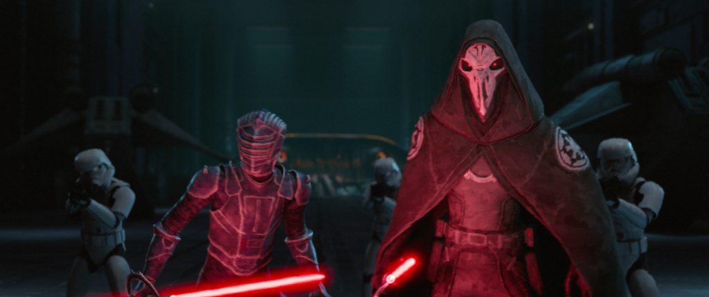 Two armored figures with red lightsabers stand in front of four stormtroopers in a dimly lit sci-fi setting.
