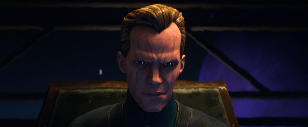 Animated character with slicked-back hair and facial scars sits in a dimly lit setting, looking forward with a serious expression.