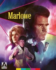 Illustrated movie poster for "Marlowe" featuring three main characters, a gloved hand holding a drill, and the Arrow Video logo in the corner.