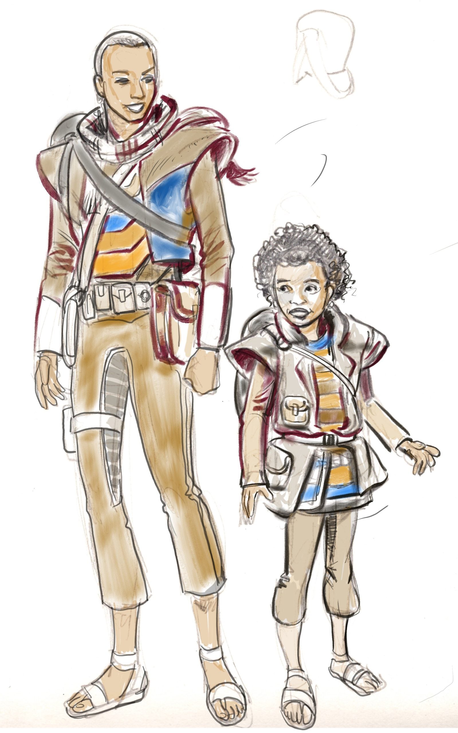 Two people, an adult and a child, stand side by side wearing similar adventure-style outfits with sandals, belts, and shoulder capes. The sketch is partially colored and unfinished at the top.