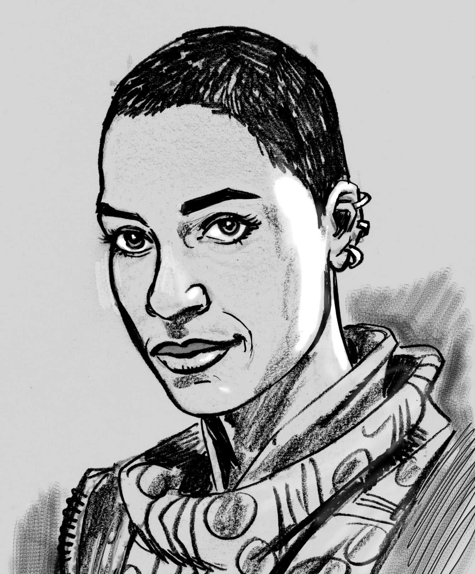 Black and white sketch of a person with short hair, wearing earrings and a patterned scarf, looking slightly to the side with a neutral expression.