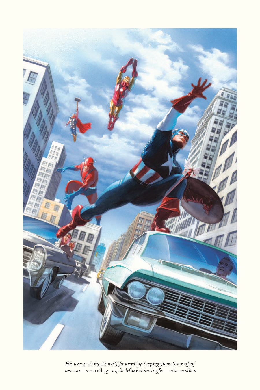 Four superheroes, including Captain America, leap and fly above moving cars on a busy Manhattan street surrounded by tall buildings in daylight.