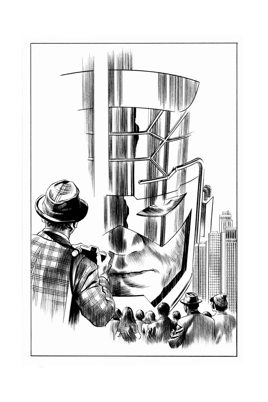 A group of people observe a large, futuristic machine in an urban setting, with a man in the foreground holding a notebook and wearing a hat.