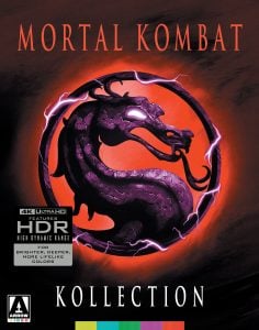 Mortal Kombat Kollection cover featuring a purple dragon logo in a circle on a fiery background, with 4K Ultra HD and HDR feature labels.