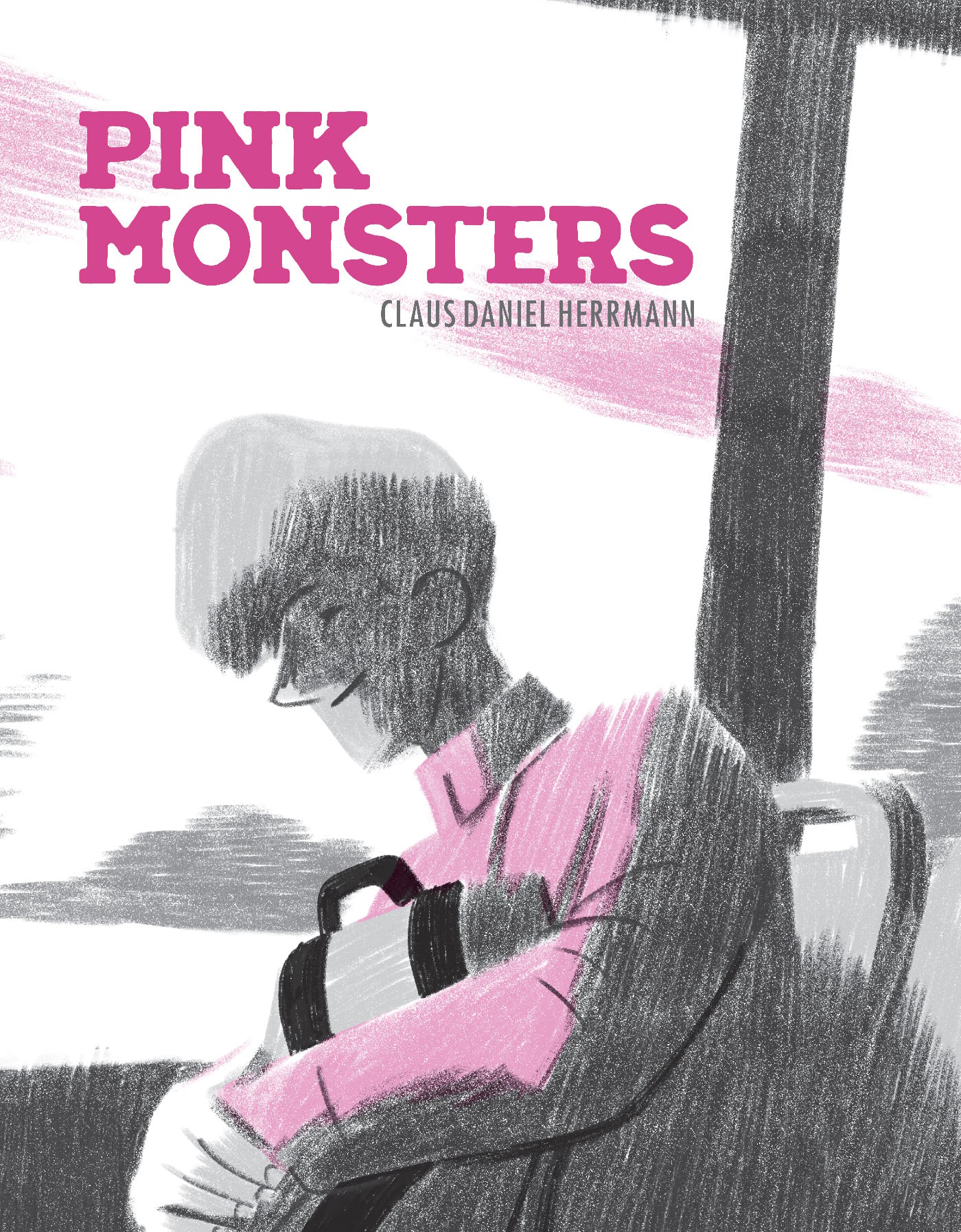 Illustration of a person sitting and holding a cat, with the title "PINK MONSTERS" and the author "Claus Daniel Herrmann" in pink text above.