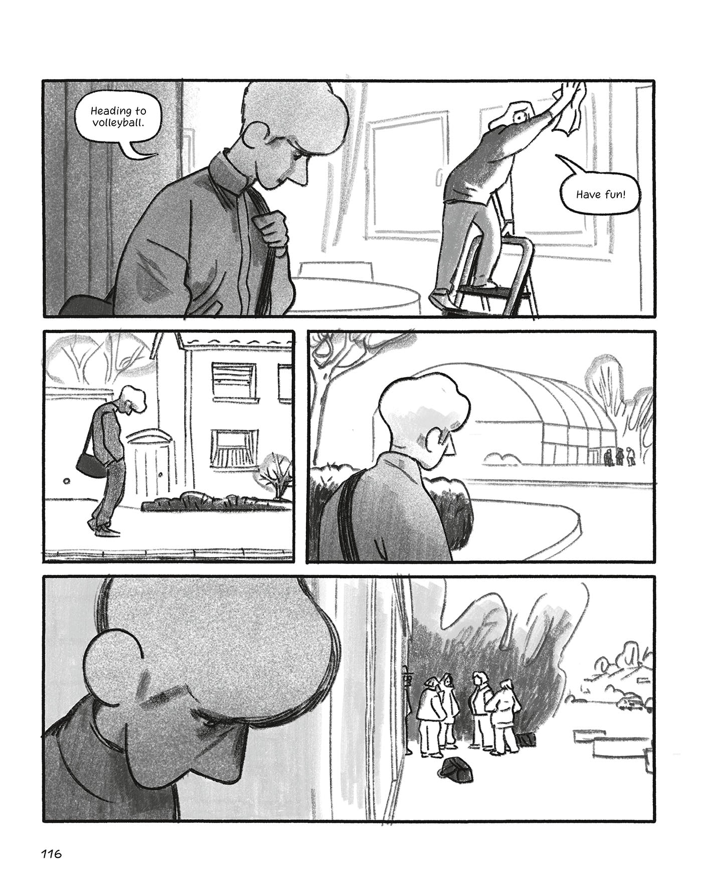 A person tells someone they're heading to volleyball, leaves a building, walks outside alone, and observes a group standing together near some trees.