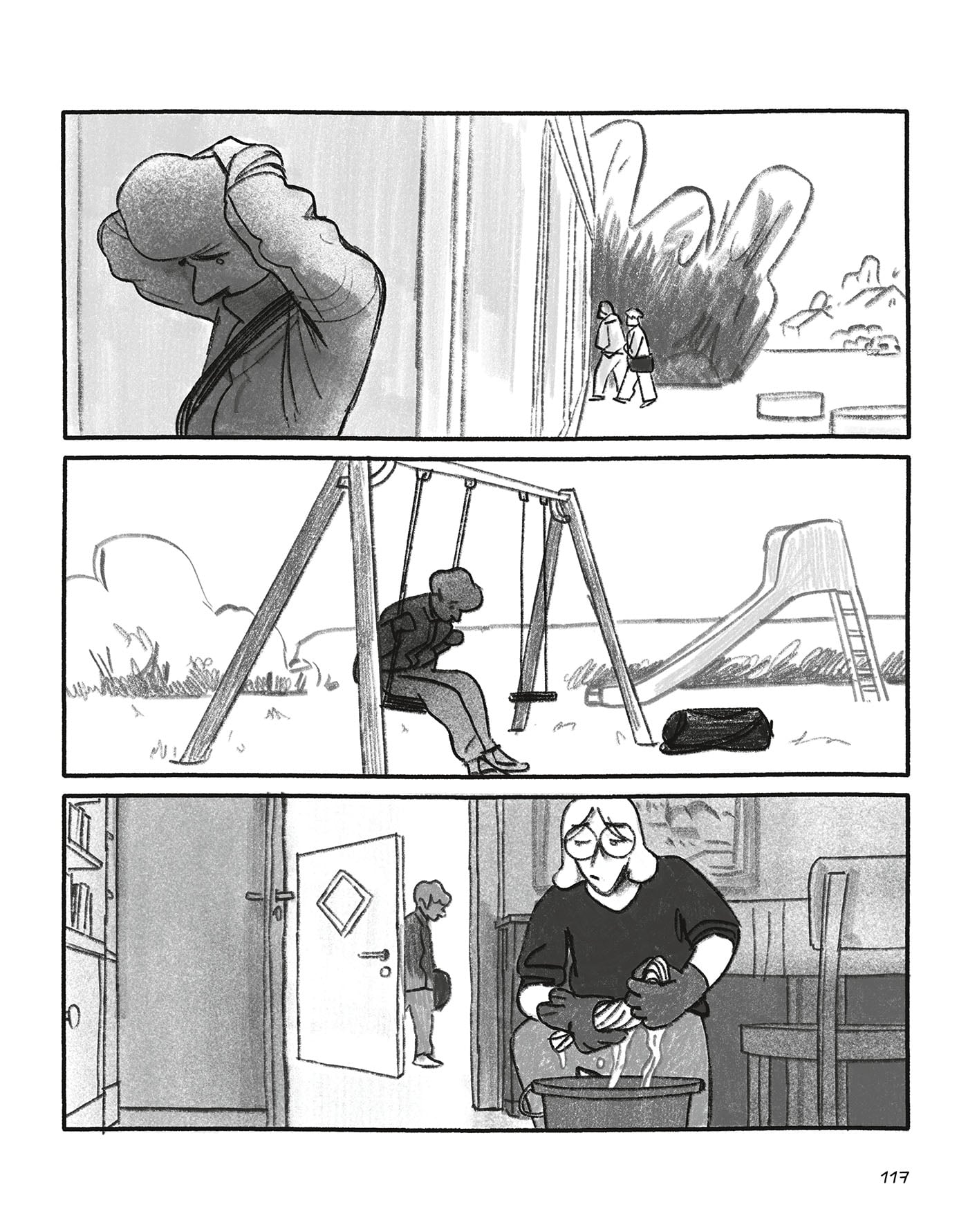 A person looks down thoughtfully, sits alone on a swing, and later enters a room where another person sits with a dog.
