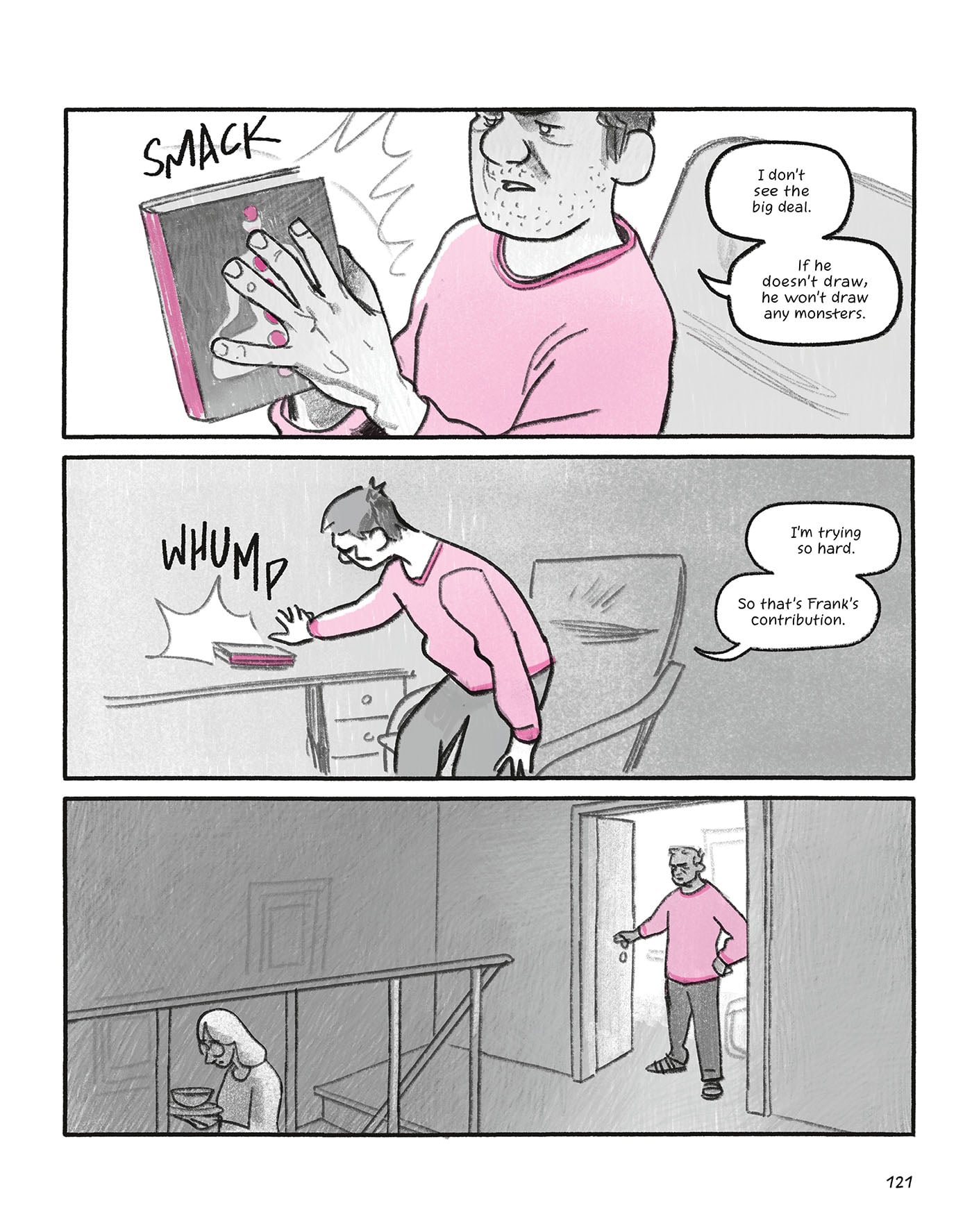A man in a pink shirt slaps a sketchbook closed, stands frustrated by a desk, then walks away as a person sits drawing on the stairs.