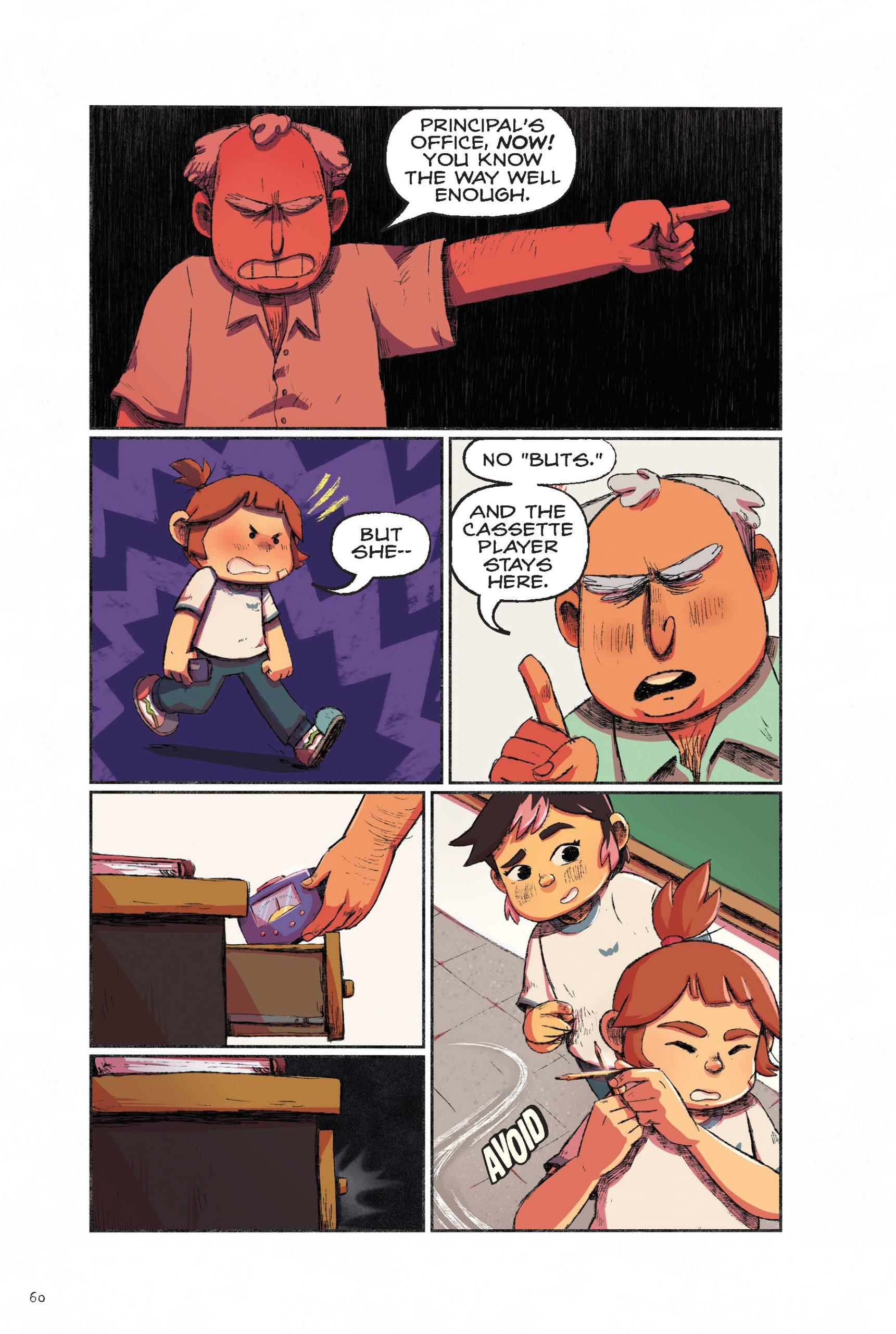 A stern adult points to the door, sending a frustrated child to the principal's office; the child tries to take a cassette player, but is told to leave it behind.