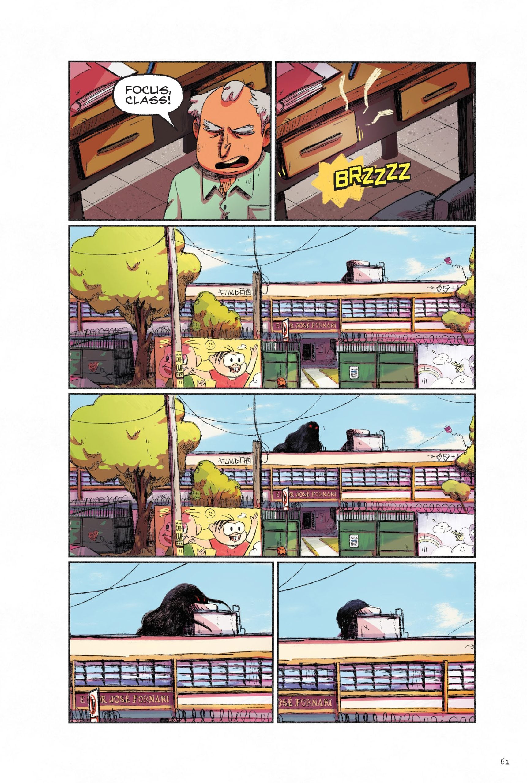 A teacher tells the class to focus; outside, a large gorilla climbs over a school fence, sits on the roof, and looks around while students inside appear surprised.