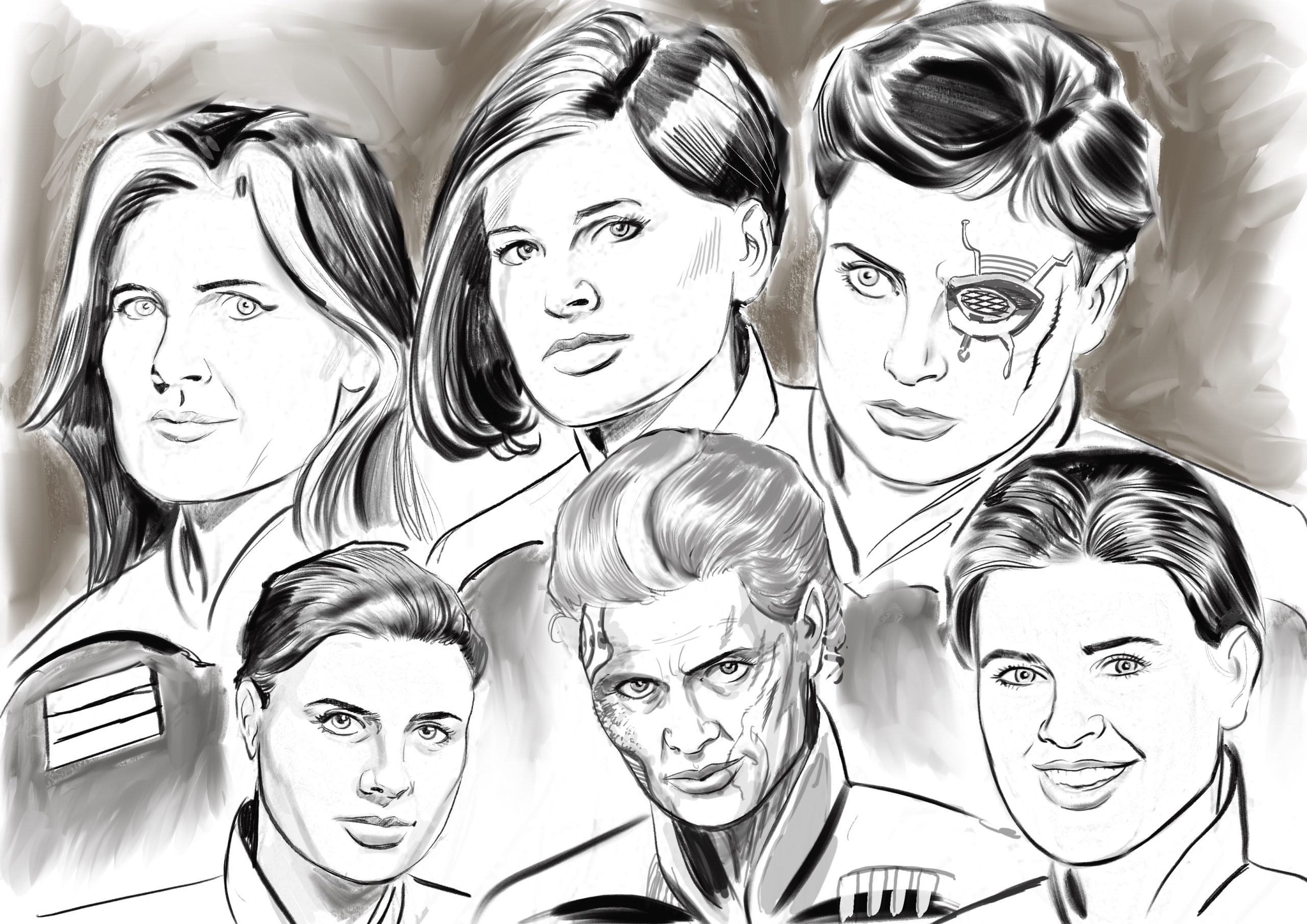 A black and white sketch features six people in uniform, one with a cybernetic eye and another with facial scars, all facing forward with neutral expressions.