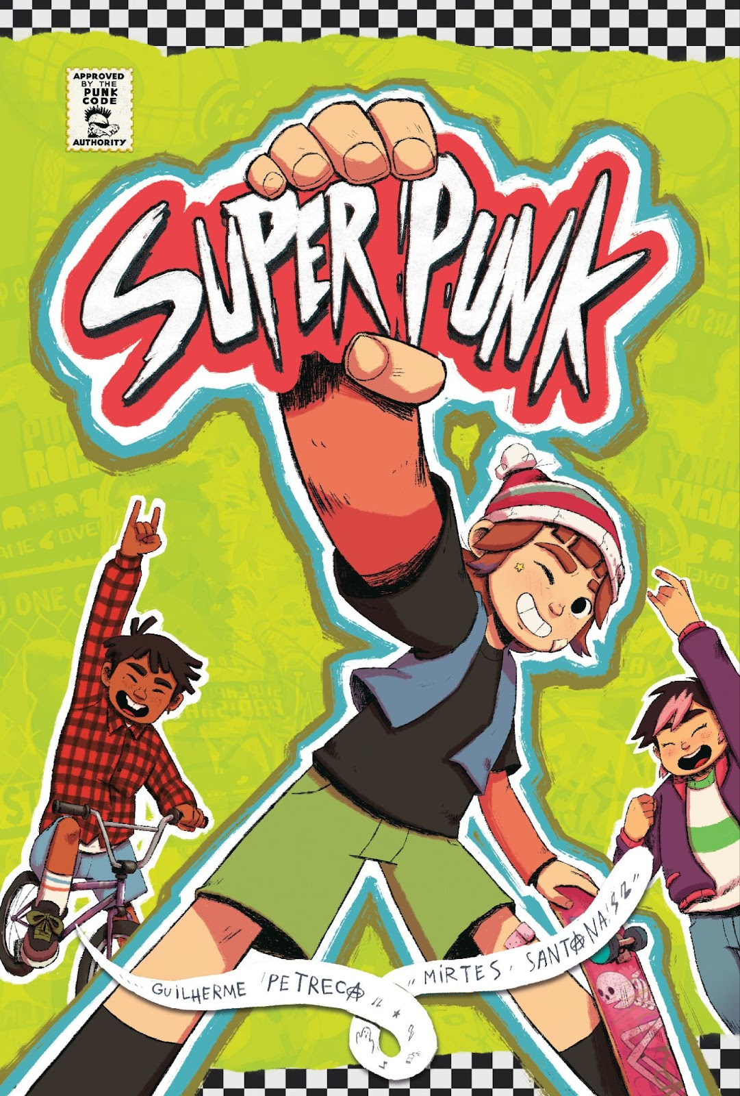 Comic book cover titled "Super Punk" featuring three kids posing energetically; one in the center with a fist raised, flanked by two others on a bike and holding a guitar.
