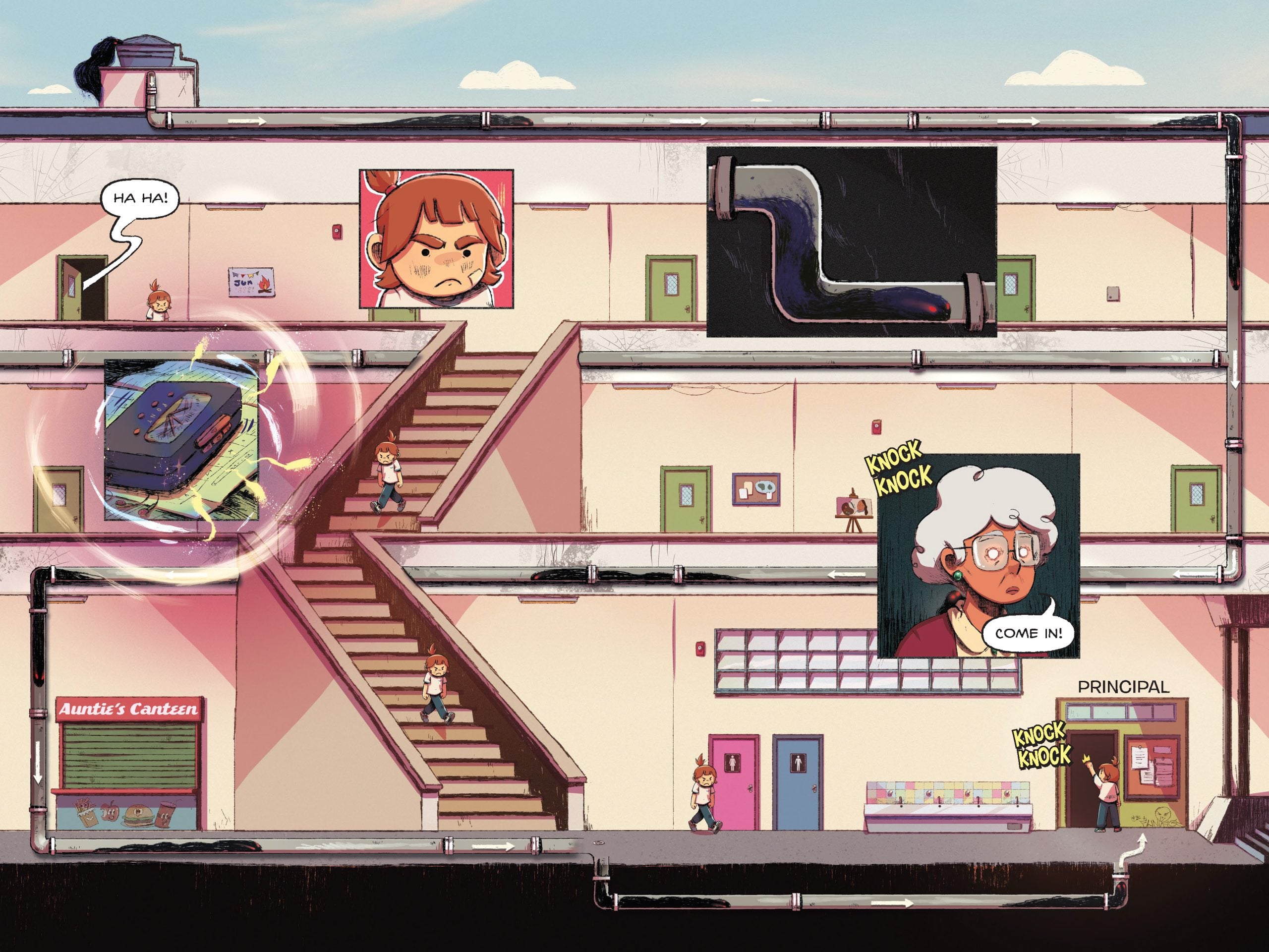 A comic-style scene shows a child running through a school, a cassette tape floating, a sad girl, and an older woman in the principal’s office where someone is knocking on the door.
