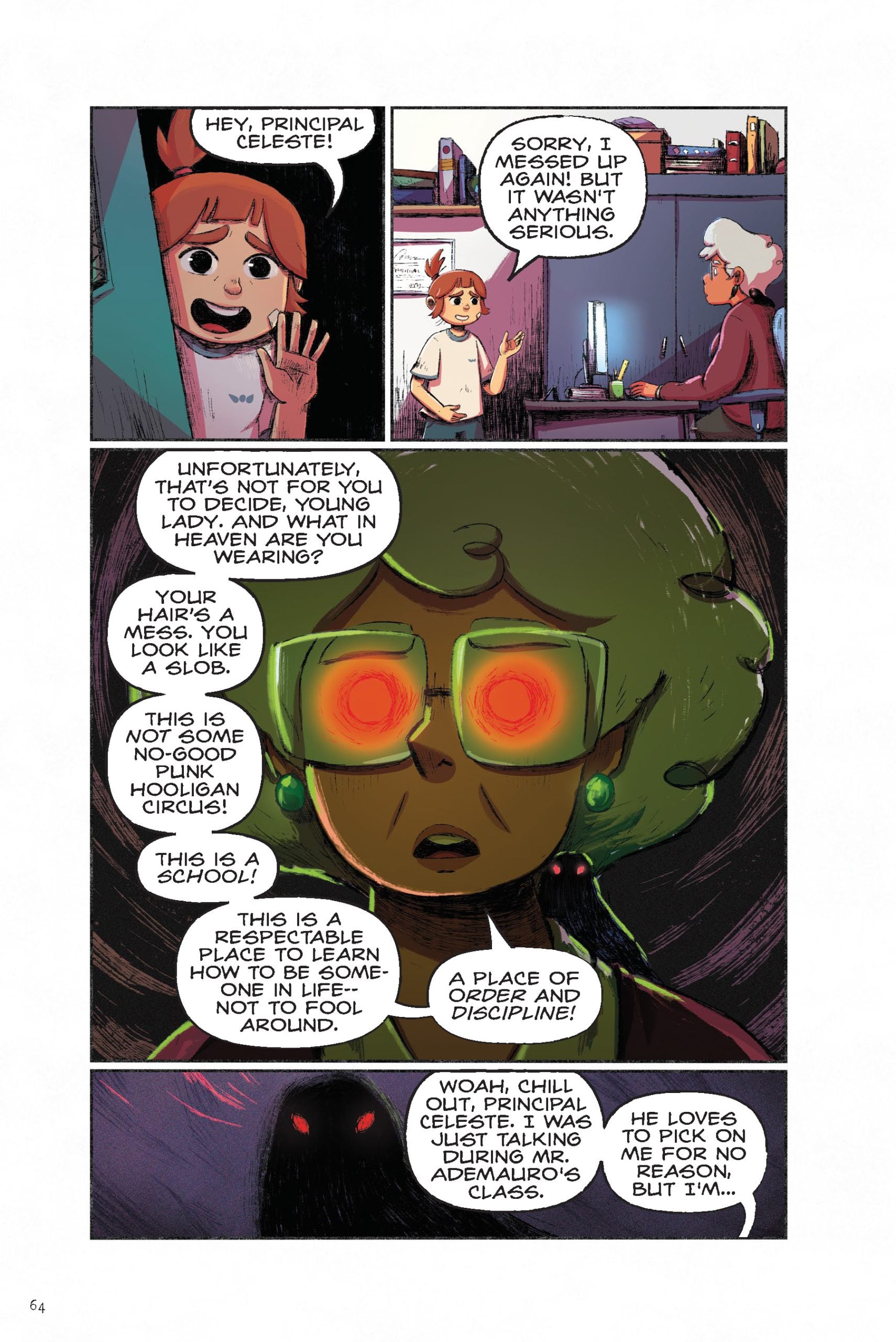 A comic page shows a child talking to Principal Celeste, who wears glowing green glasses. The conversation is about breaking rules and maintaining order at school.