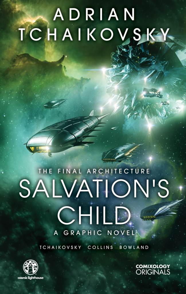 Cover of "Salvation's Child: A Graphic Novel" by Adrian Tchaikovsky, showing spaceships in green space near a large explosion, with title and author text overlayed.